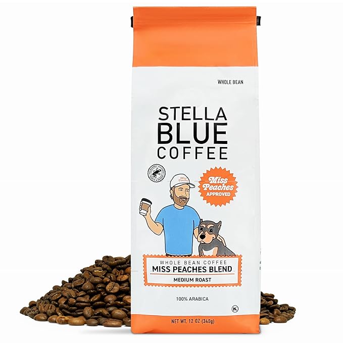 Stella Blue Whole Bean Coffee, Miss Peaches Blend, Medium Roast Citrus Caramel, Fruity Notes 100% Arabica Beans, Ethically Sourced from Central and South America, Smooth Balanced, 12oz Bag