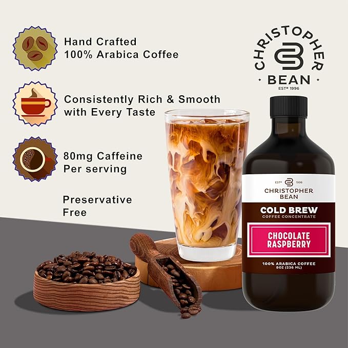 Christopher Bean Hand Crafted Chocolate Raspberry Flavored Coffee - Certified Kosher - Unsweetened Cold Brew & Iced Instant Coffee Distillate Liquid Java - Extract 100% Arabica, (8-Ounce), 236 ml