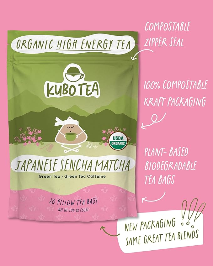High Caffeine Tea (140 mg) - Kubo Tea: Organic Japanese Matcha Green Tea Bags for Focus, Calm Energy & Clarity | Healthy Coffee Substitute | Matcha Energy Blend | 20 Ct | Compostable Packaging
