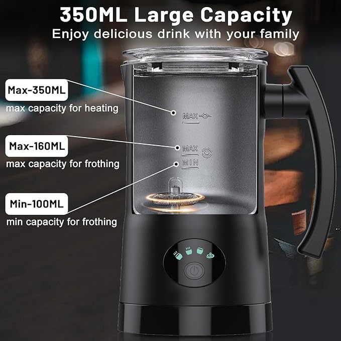 Sentk Milk Frother - 4-in-1 Electric Milk Steamer, 12.3oz/350ml Automatic Hot and Cold Foam Maker and Milk Warmer with Auto Shut-Off, Milk Frother and Steamer for Coffee, Latte, Cappuccino, Matcha