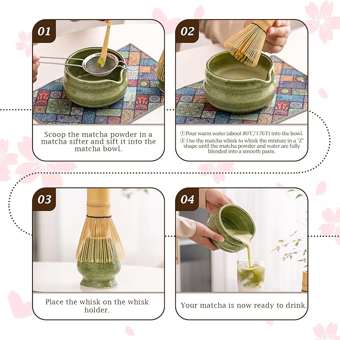7 Pcs Matcha Kit, Matcha Bowl with Spout, Bamboo Whisk And Scoop, Ceramic Holder And Scoop Rest, Stainless Steel Sifter, Tea Towel. Speckled Green Glaze Matcha Whisk Set for Beginners And Gifting