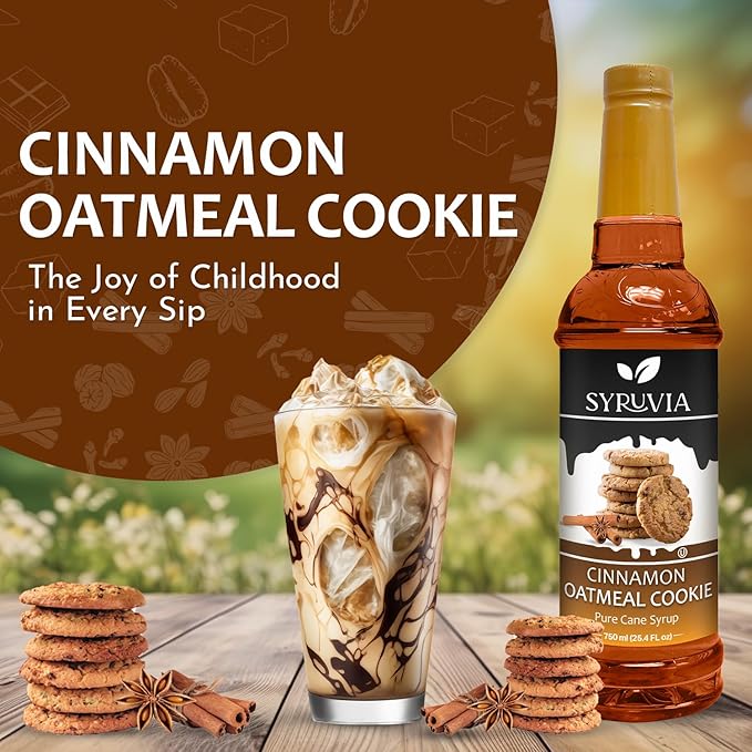 Syruvia Coffee Syrup, Cinnamon Oatmeal Cookie Flavored Syrup for Drinks, Lattes, and Desserts – 25.4 fl oz, With Pump