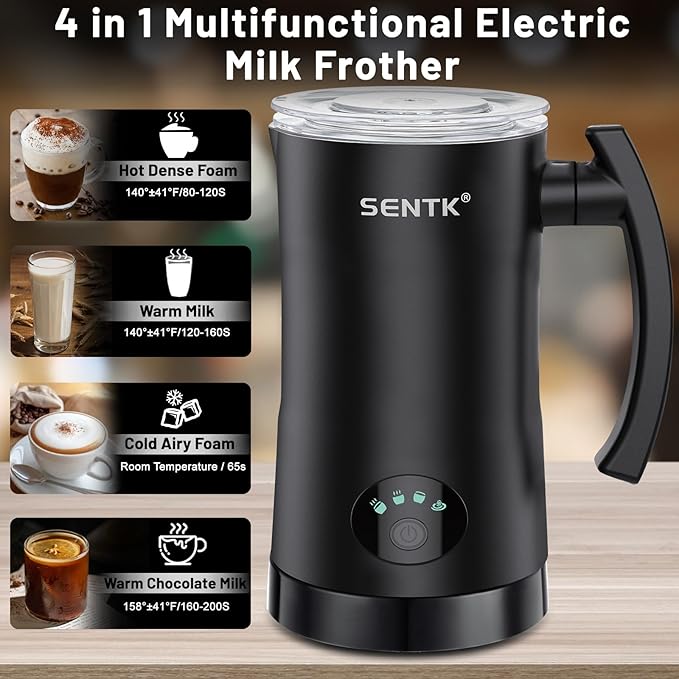 Sentk Milk Frother - 4-in-1 Electric Milk Steamer, 12.3oz/350ml Automatic Hot and Cold Foam Maker and Milk Warmer with Auto Shut-Off, Milk Frother and Steamer for Coffee, Latte, Cappuccino, Matcha