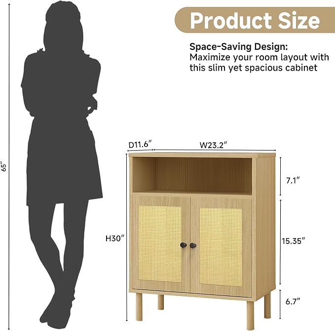 Rattan Small Coffee Bar Cabinet, Kitchen Storage Sideboad,Bathroom Corner Floor Shallow Cabinet with Adjustable Shelves & 2 Doors 11.6'' x 23.2'' x 32'' (Oak)