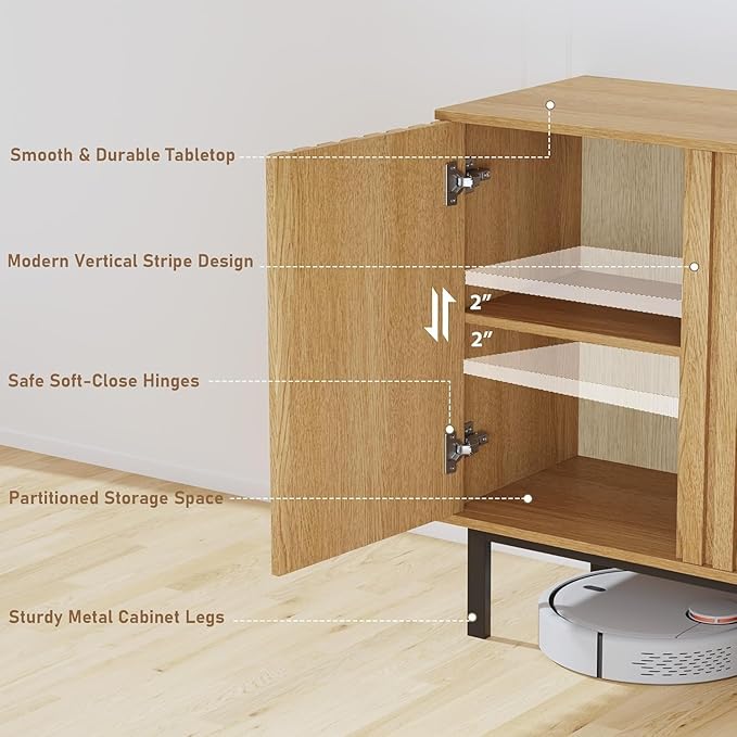 Garvee 47.2 Inch Sideboard Buffet Cabinet with Fluted Doors, Modern Wood Storage Cabinet with Adjustable Shelf, Freestanding Coffee Bar for Dining Room Living Room