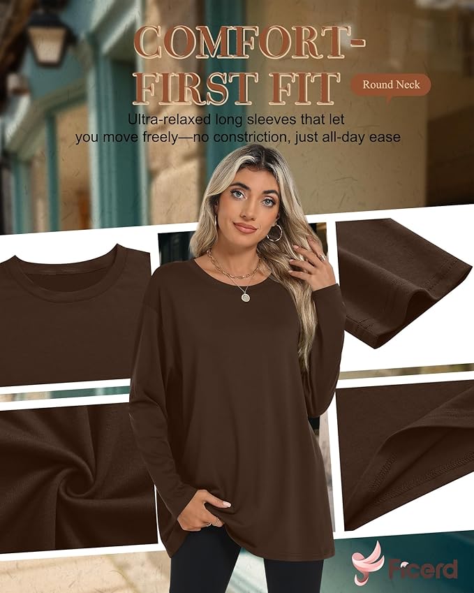 Ficerd 3 Pack Women's Oversized Long Sleeve Shirts Cotton Gym Round Neck Tops Loose Fit Casual Workout Baggy Fall Basic Tee