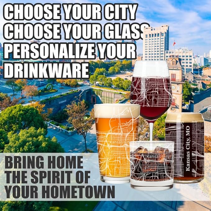 Blue Ridge Mountain Gifts - Kansas City Souvenir - Missouri Glassware Gift, Etched City Map, Laser Engraved and Dishwasher Safe