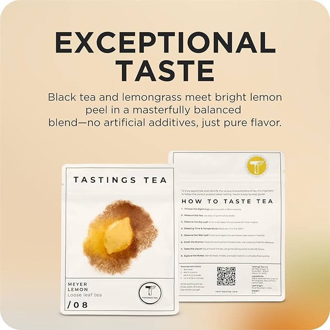 Tastings Tea Meyer Lemon Loose Leaf, 2 oz | Unsweetened Black Citrus Blend & Fruit Infusion with Lemongrass & Peel | Hot or Iced Cold Brew | Small Batch & Sustainably Sourced | Resealable Pouch