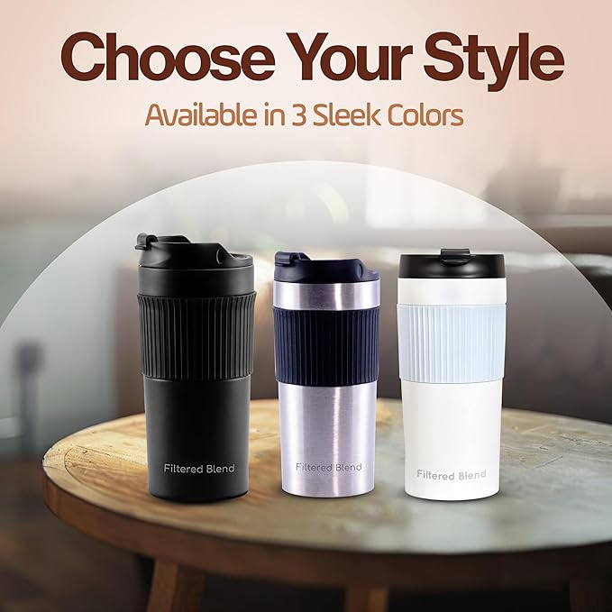 15oz Double Wall Stainless Steel Insulated French Press Coffee and Tea Maker - Portable Camping Mug and Tumbler - Heat Retaining, Leak-Proof, Travel-Friendly for Office and Outdoor Adventures (Black)