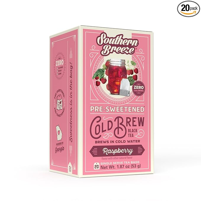 Southern Breeze Cold Brew Sweet Tea Raspberry Iced Tea with Black Tea and Zero Carbs Zero Sugar, 20 Individually Wrapped Tea Bags Southern Sweet Tea Iced Tea Beverage