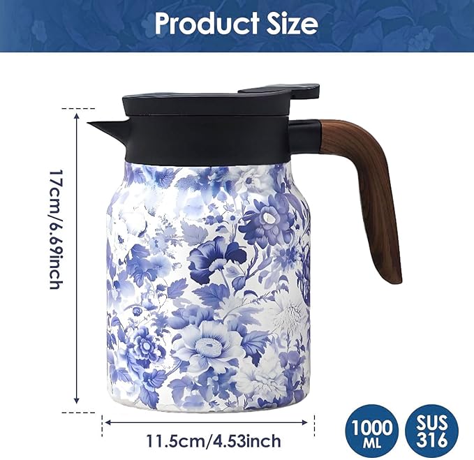 Vintage Pattern Coffee Carafes, 35 Oz/1 Liter - Hot and Cold With Infuser, Perfect for Parties/Home Use(Blue and white porcelain)