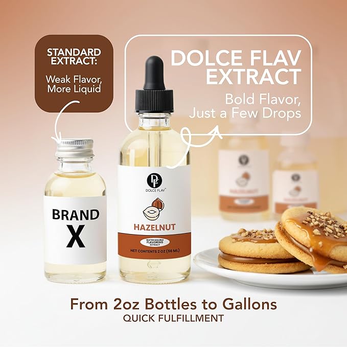 Dolce Flav Natural Hazelnut Extract – 2 Ounce Water-Soluble Kosher, Sugar-Free, Concentrated Toasted Hazelnut Flavoring for Coffee, Baking & Desserts, Includes Measured Dropper