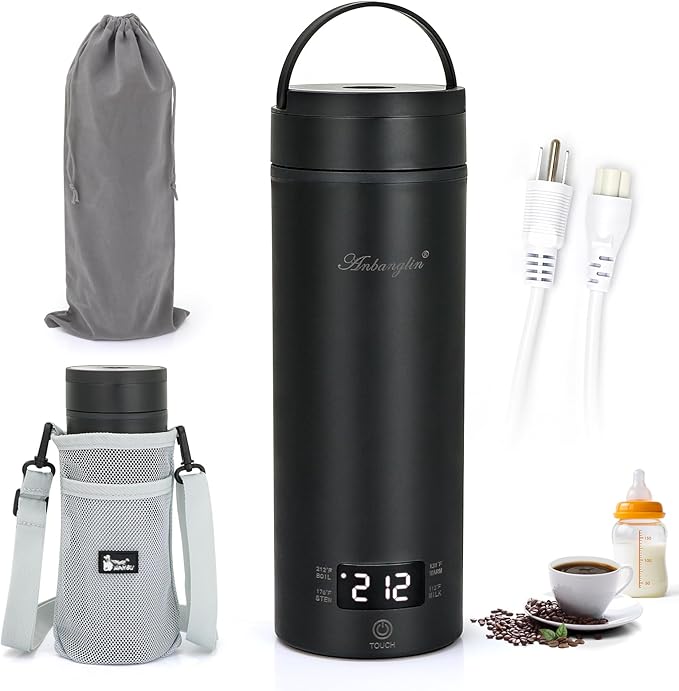 Travel Electric Tea Kettle, 450ML Small Water Boiler Kettle Electric with 4 Temp Settings, Auto Shut-Off & Boil Dry Protection, 304 Stainless Steel Portable Bottle Warmer for Travel, Black