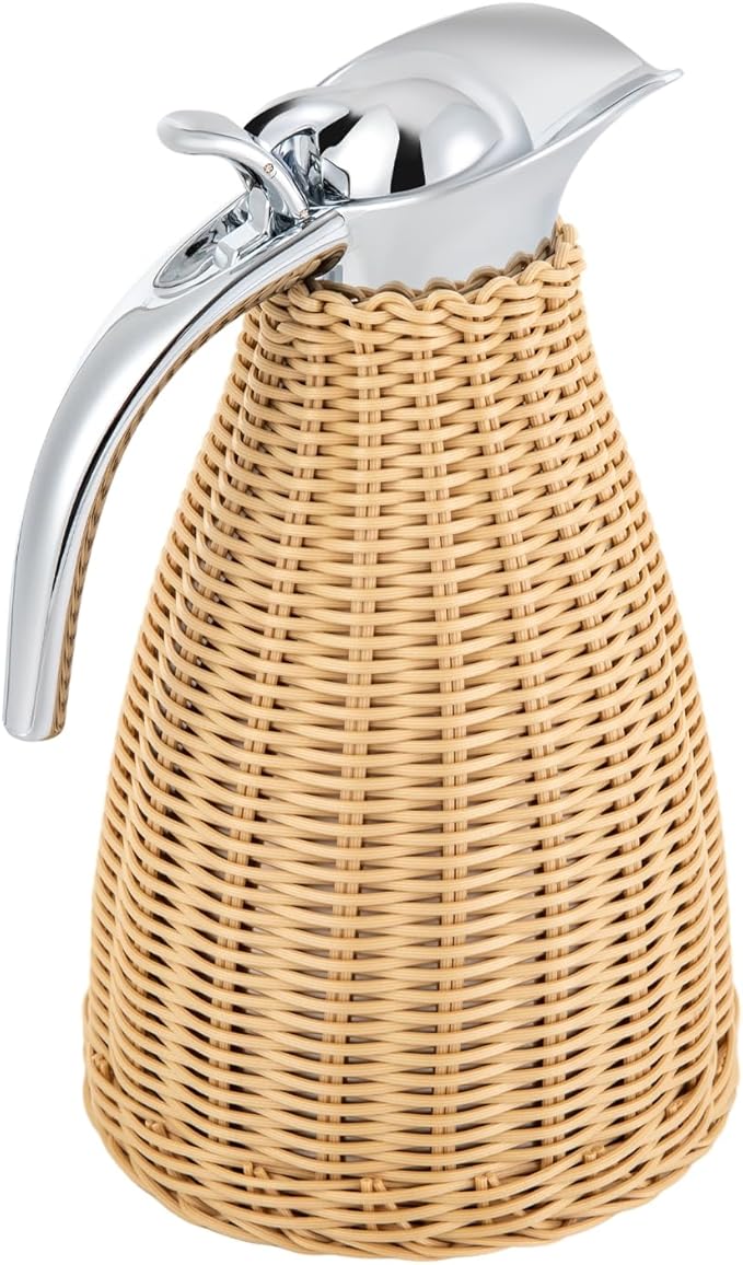 Stainless Steel Coffee Thermal Jug Natural Rattan 1.5L/0.4 Gal Double Walled Vacuum Insualted Jug with Handmade Rattan Body Insulated Thermal Carafe for Hot Liquids Keeping Hot for Home Coffee Shop