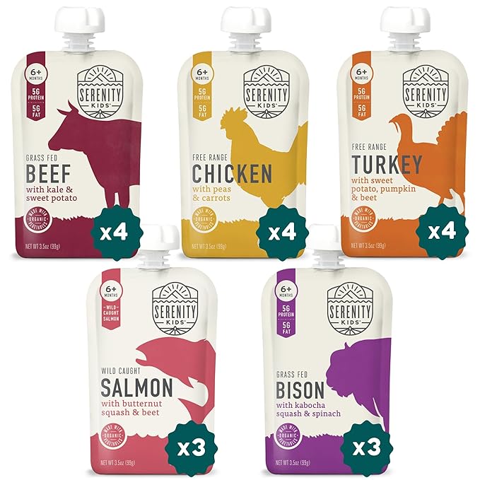 Serenity Kids 6+ Months Ethically Sourced Meat Baby Food Puree Pouches Variety Pack - 18 count (3.5 oz pouches) - No Added Sugar or Sugary Fruits - BPA & Allergen Free Natural Ingredients