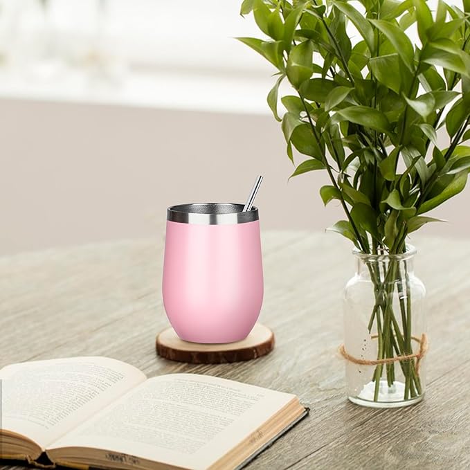 MEZMUT 12oz Insulated Wine Tumbler with Lid Double Wall Vacuum Stainless Steel Wine Glass Coffee Mug Insulated Tumbler Cup for Champaign, Cocktail, Beer (Pink, 1 Pack)