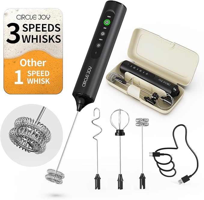 CIRCLE JOY Rechargeable Handheld Milk Frother Wand with 3 Variable Speeds, 3 Whisks and Storage Box, Electric Drink Mixer for Latte, Cappuccino, Hot Chocolate, Eggs and Protein Powder, Black