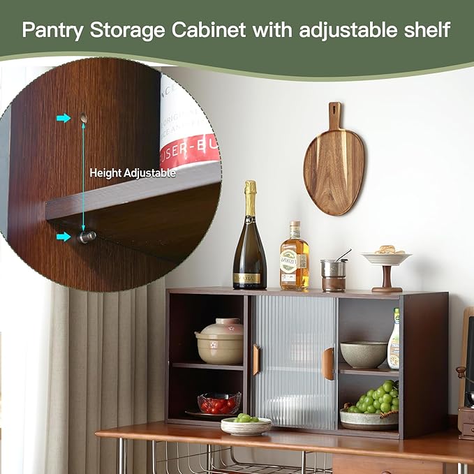 Wall Mounted Bamboo Countertop Storage Cabinet with Glass Door, Hanging Kitchen Cupboard with Adjustable Shelves, Small Pantry Sideboard for Dining Room, Bathroom, Walnut