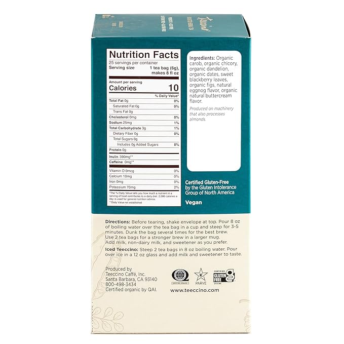 Teeccino Eggnog Herbal Tea - Holiday Dessert Tea That’s Creamy & Sweet, Prebiotic and Caffeine Free, 25 Tea Bags