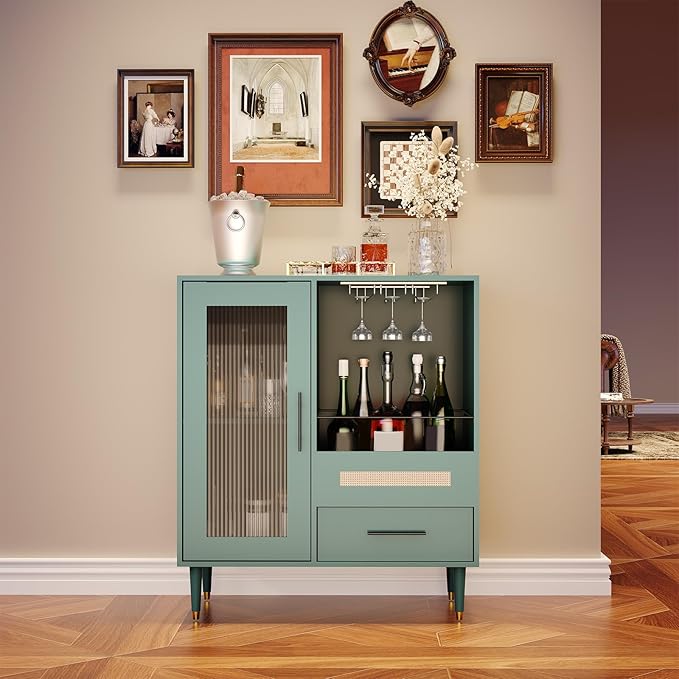 Garvee Wine Bar Cabinet with Tempered Glass Door & Rack, 30.7" Freestanding Modern Buffet Sideboard for Dining Room, Kitchen Coffee Bar & Liquor Storage Cabinet with Drawers and Glass Holder