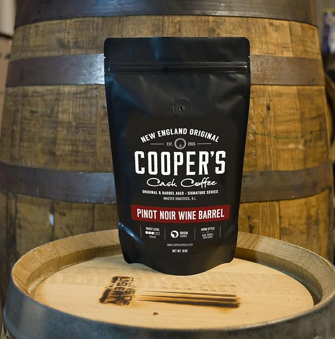 Wine Barrel Coffee Pinot Noir Aged Rwanda Beans, Incredibly Complex & Smooth Roasted Fresh - Whole bean 12oz Bag