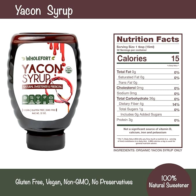 Peruvian Yacon Syrup a 100% Natural Sweetener - Low Glycemic Index - Vegan - Organic - Substitute for Sugar, Honey and Molasses - Packed with FOS (fructooligosaccharide) a Prebiotic Fiber and Inulin - In an Easy Squeeze Dripless Bottle by Wholefort