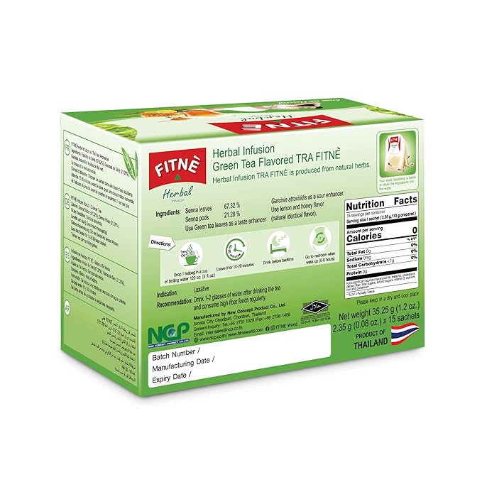FITNÈ Green Tea Herbal Honey Lemon With Garcinia Senna Infusion Gentle Detox Cleanse High Antioxidant No Calories Stevia Sweetener, 15 Tea Bags