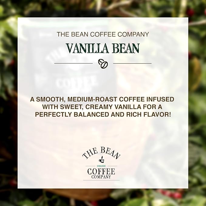 The Bean Organic Coffee Company Vanilla Bean, Medium Roast, Ground Coffee, 16-Ounce Bag,Café molido tostado organico