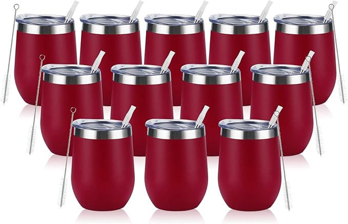 12 Pack Stainless Steel Wine Tumblers, 12Oz Double Wall Vacuum Insulated Wine Tumblers with Lids and Straws, Stainless Steel Stemless Wine Glasses for Coffee, Wine, Cocktails, Champaign, Wine Red…
