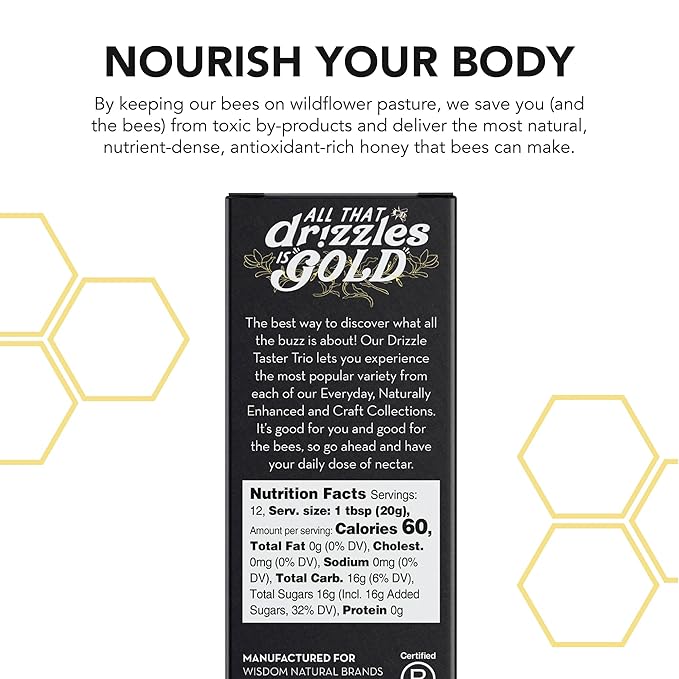Drizzle Honey Taster Trio - All Natural Pure Raw Honey, Unfiltered, White, Cinnamon Spiced, & Turmeric Gold Mini Jars, Use in Tea & Coffee, Sugar Substitute, Certified Kosher - Pack of 6