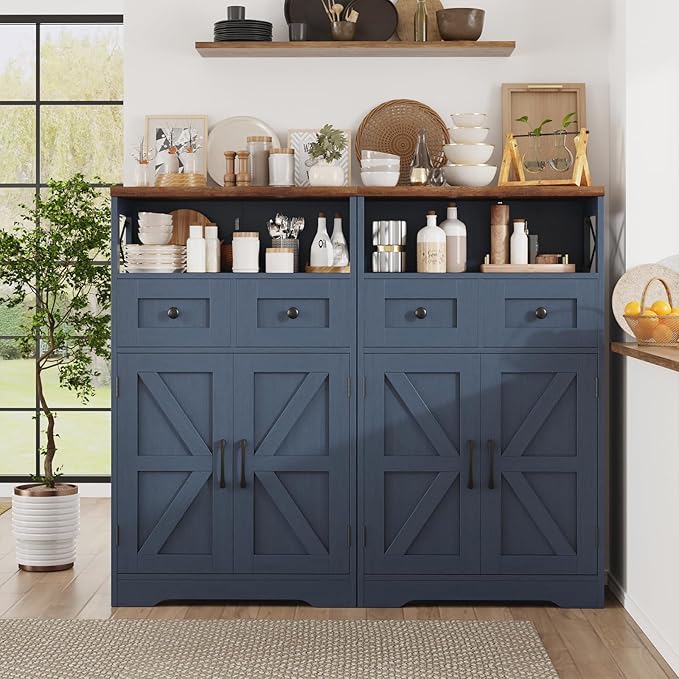 Farmhouse Blue Storage Cabinet with Barn Doors and Drawers, Small Freestanding Kitchen Pantry Cabinet, Hutch Cupboard for Kitchen, Laundry, Living Room,Bathroom