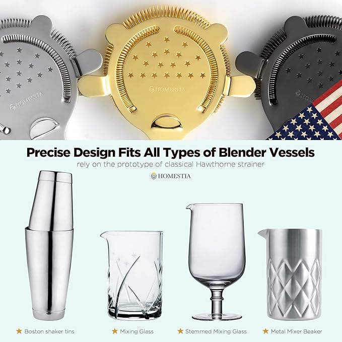 Homestia Hawthorne Cocktail Strainer - Stainless Steel Bar Strainer for Bartending, Bar Tool Drink Strainer for Bartenders and Mixologists, Martini Strainer for Boston Shaker Mixing Glass (Black)