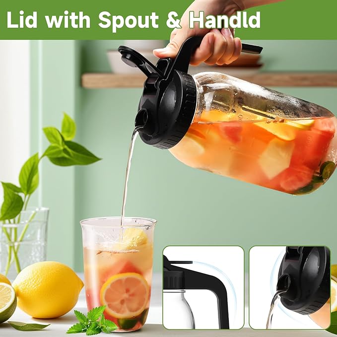 3-Pack 64oz Glass Mason Jar Pitchers with Leak-Proof Lids and Handles – Wide Mouth Design for Sun Tea, Cold Brew, Lemonade, Juice, Iced Tea, and Water