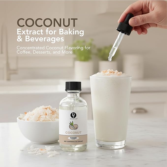 Dolce Flav Natural Coconut Extract – 2 Ounce Water-Soluble Kosher, Sugar-Free, Concentrated Tropical Coconut Flavoring for Baking, Beverages & Desserts, Includes Measured Dropper