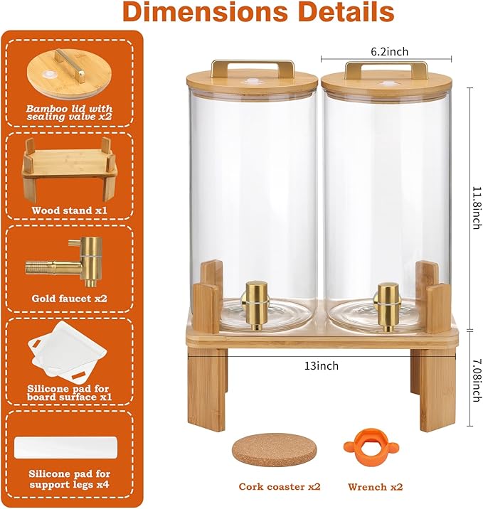 1.5 Gallon 2 PACK Glass Drink dispenser, Beverage Dispenser With Wood Stand, Lemonade Dispenser with Airtight Valve and Stainless Steel Spigot,Drink Dispenser for Parties