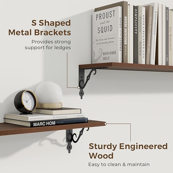 RICHFOCUS Floating Shelves for Wall Decor, 35.4W x 8D Shelves Set of 2, 8 Inch Deep Rustic Wood Shelves Wall Mounted with Brackets, Long Floating Shelves for Living Room Bedroom Kitchen, Walnut