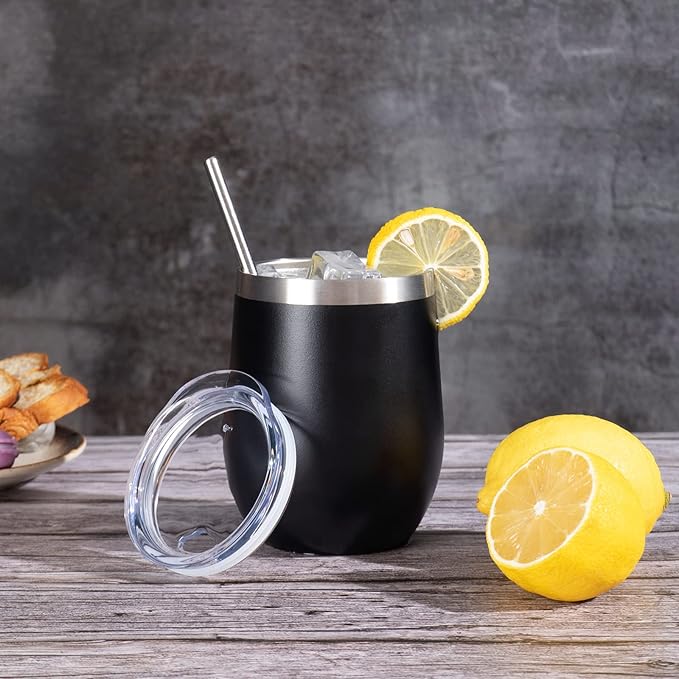 12 oz Insulated Wine Tumbler with Lid and Straw,Stainless Steel Stemless Wine Tumbler Glasses Double Wall Vacuum Wine Cups Tumbler Bulk for Coffee,Champaign,Cocktail（Black,1）
