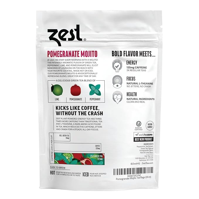 Zest Energy Green Tea – Pomegranate Mojito High Caffeine Tea Bags for Focus & Morning Energy – Natural Caffeinated Tea with 135mg Caffeine – Coffee Substitute – 20Ct Pack, Non-GMO & Keto Friendly
