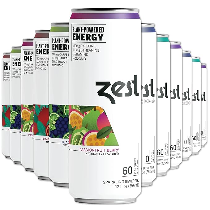 Zest Clean Energy Drinks Variety Pack – 3 Flavors – 120-150mg Caffeine + 100mg L-Theanine for Focus, Energy & Performance – Healthy Energy Drink 12oz Can 12 Pack – Natural Energy & Pre Workout Drink