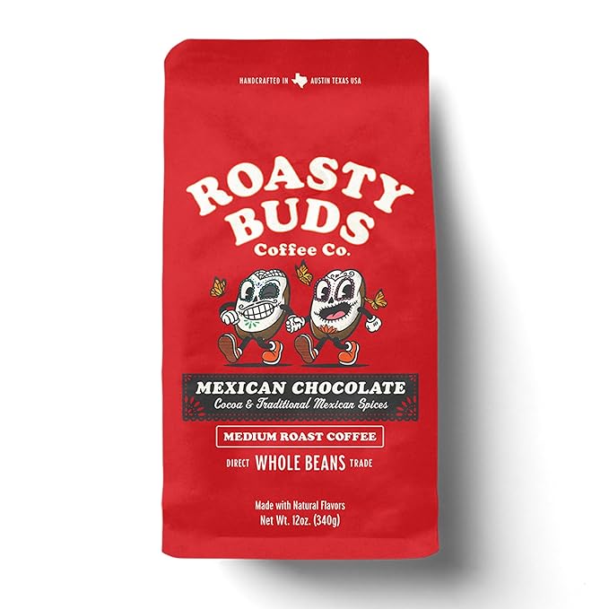 Roasty Buds Mexican Chocolate Whole Bean | Café Mexicano 100% Arabica Coffee, Natural Cinnamon Flavors (12 oz) | Gluten-Free, Non-GMO, No Sugar | Medium Roast (12 Ounce, Mexican Chocolate Whole Bean)