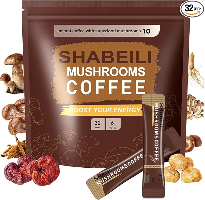Mushroom Coffee, Instant Blend Mushroom Coffee with Lions Mane Cordyceps Reishi for Energy Focus Mood Support and Immune Boost(32 Servings)
