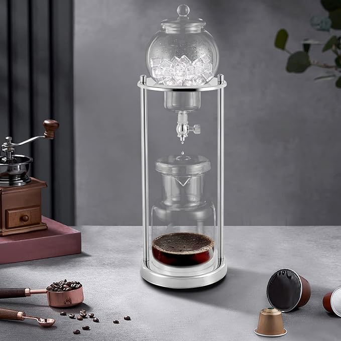 Ice Drip Coffee Maker, 600ml/20.29oz Luxury Cold Brew Coffee Maker in Stainless Steel and Borosilicate Glass, Retro-Style Coffee Maker For Serving 6-8 People At One Time (Sliver)