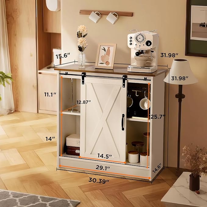 White Coffee Bar Cabinet with Storage, Farmhouse Coffee Bar Cabinet, Coffee Bar Table with Sliding Barn Door, Coffee Bar & Adjustable Shelves, for Kitchen, Dining Room, Living Room