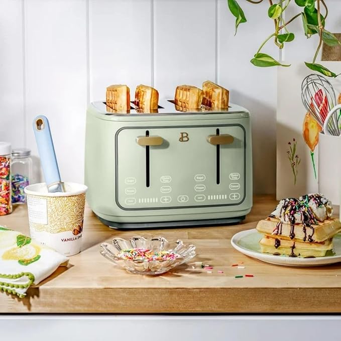 Beautiful 4 Slices Toaster - 7 Shade Settings, Touch Display, Extra-Wide Slots for Bagels, Gluten-Free & Frozen Presets, LED Countdown, Removable Crumb Tray, 1800-watt toasting (Sage Green)