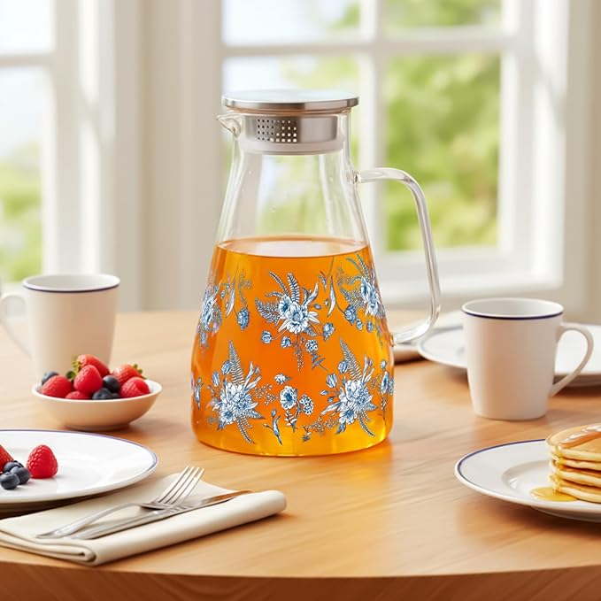 Domensi 74 oz / 2200 ml Glass Pitcher with Lid Water Pitcher with Handles Beverage Water Jar Glass Jug Hot and Cold Resistant Carafe for Tea Juice Milk Coffee Iced Beverage(Retro Flowers)