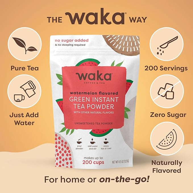 Waka Instant Green Tea Mix, Watermelon Flavored - 100% Tea Leaves, No Additives, Unsweetened Tea Powder in Bulk Pouch – Easy Quick Hot and Iced Teas, Up to 200 Cups (4.5oz)