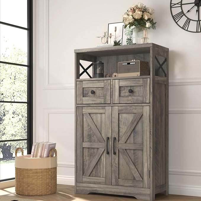 Farmhouse Storage Cabinet with Drawers and Shelf, Freestanding Kitchen Pantry Hutch for Kitchen, Living Room, Home Office, Rustic Grey