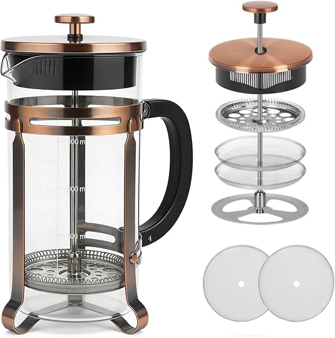 Coffee Maker 304 Stainless Steel French Press with 4 Filter, Heat Resistant Durable, Borosilicate Glass Coffee Press, 100% BPA Teapot, 34 ounce, copper
