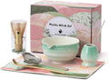Matcha Tea Set, 8 Pcs Japanese Matcha Kit with Cherry Blossom and Wave Design Ceramic Bowl, Bamboo Whisk, Whisk Holder, Scoop, Sifter, Brush, Matcha Kit Set for Matcha Lovers (Green Gradient)