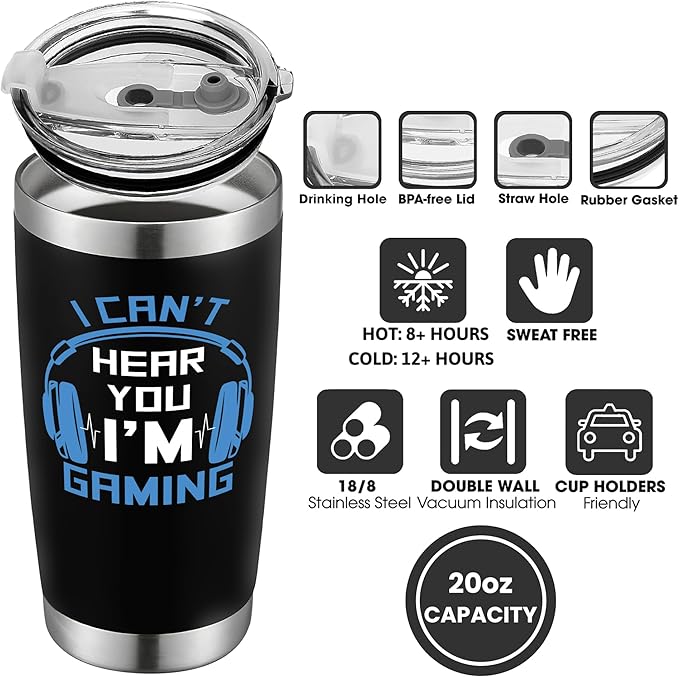 Gaming Gifts for Men, Boys, Women, Boyfriend - Fathers Day Game Gift - I Can't Hear You I'm Gaming Gift - 20 Oz Stainless Steel Tumbler